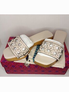 TORY BURCH NEW CREAM BASKET WEAVE CLOG CALF LEATHER